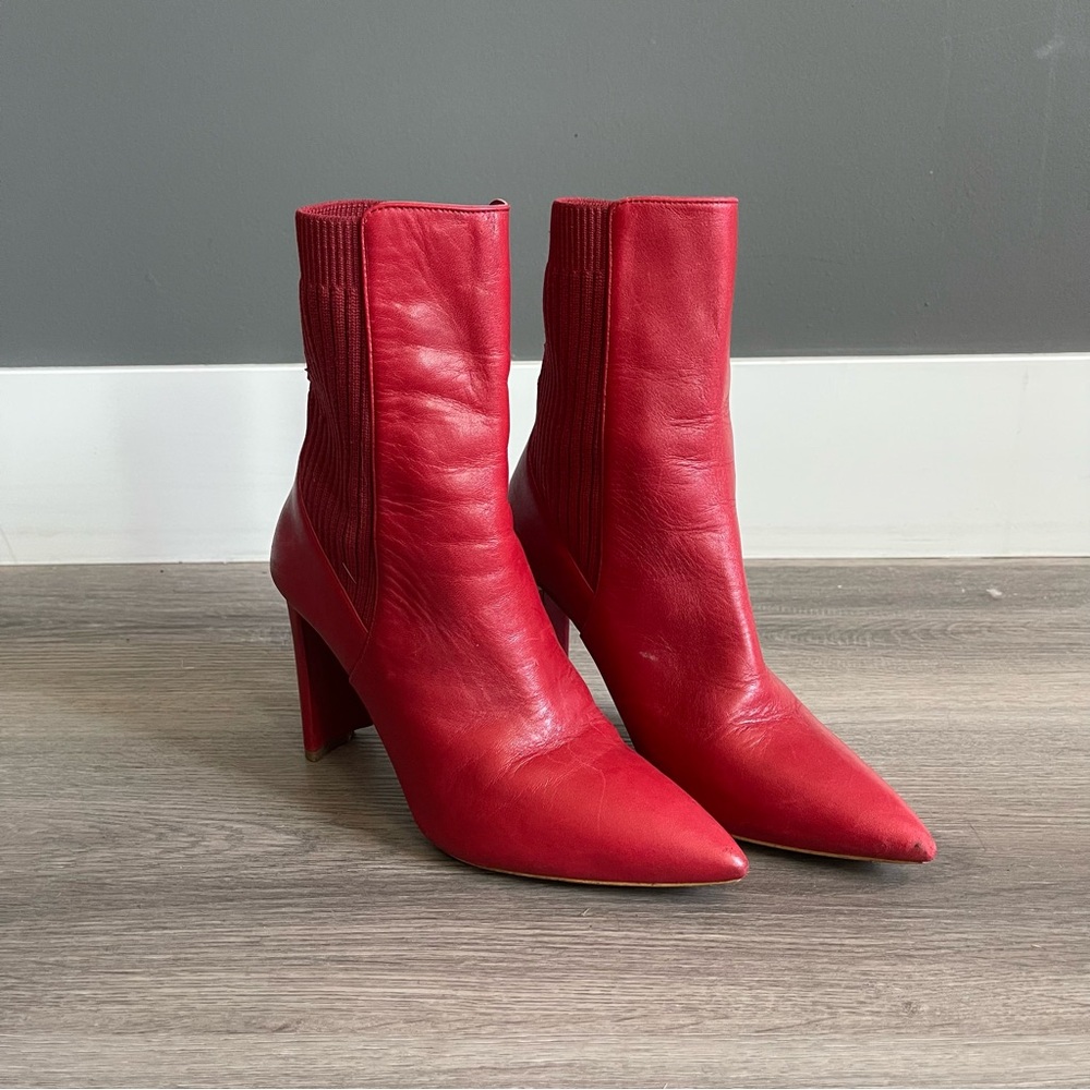 Red Leather Sock Ankle Boots Pointed Toe Block Heel Minimal Chic 7 Parisian Row